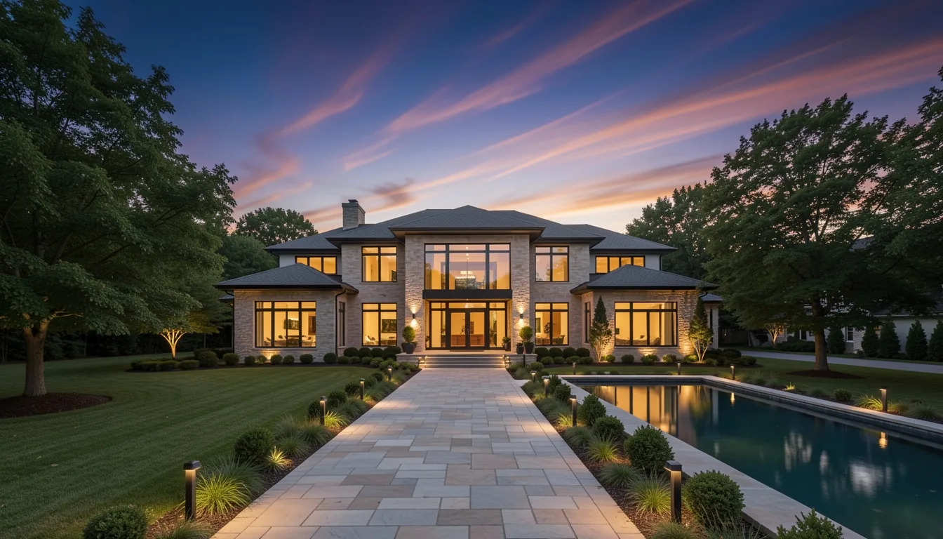 A sample home: a stone and glass estate at twilight, its windows lit, a reflecting pool in front.